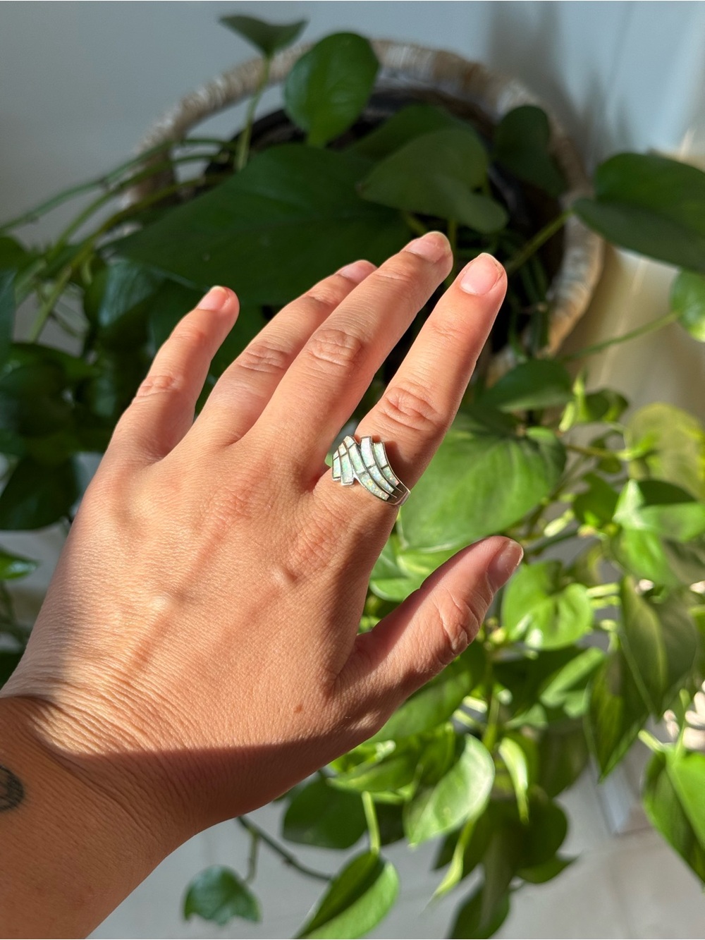 Sterling Silver Opal Inlay Wave Ring - White Opal